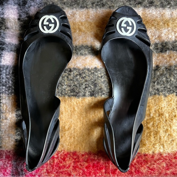 VINTAGE GUCCI *AUTHENTIC* BLACK RUBBER MAROLA BALLET FLATS - Picture 2 of 4